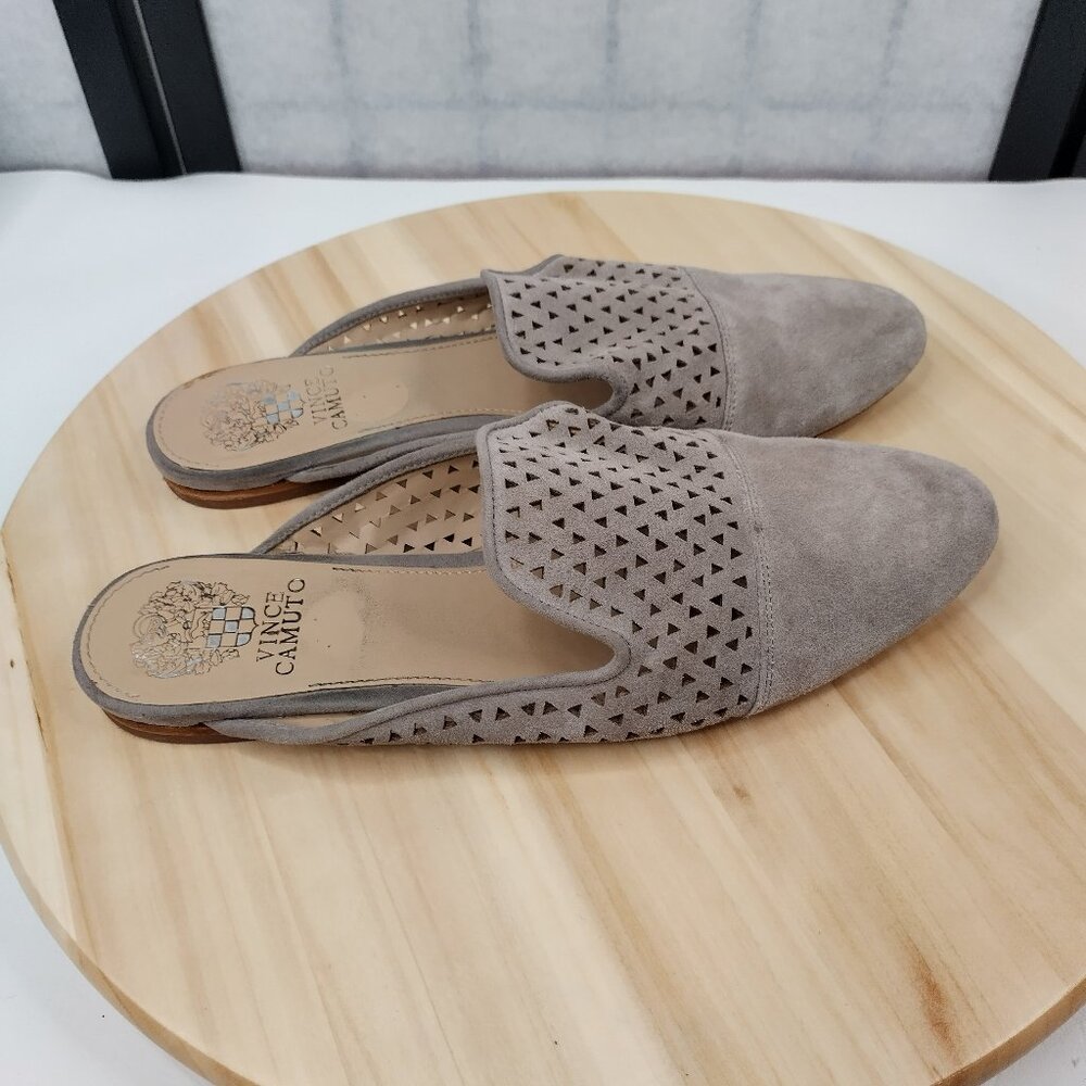 Vince Camuto Perforated Suede Mule Slip On Flats Tan Gray Women US 8M